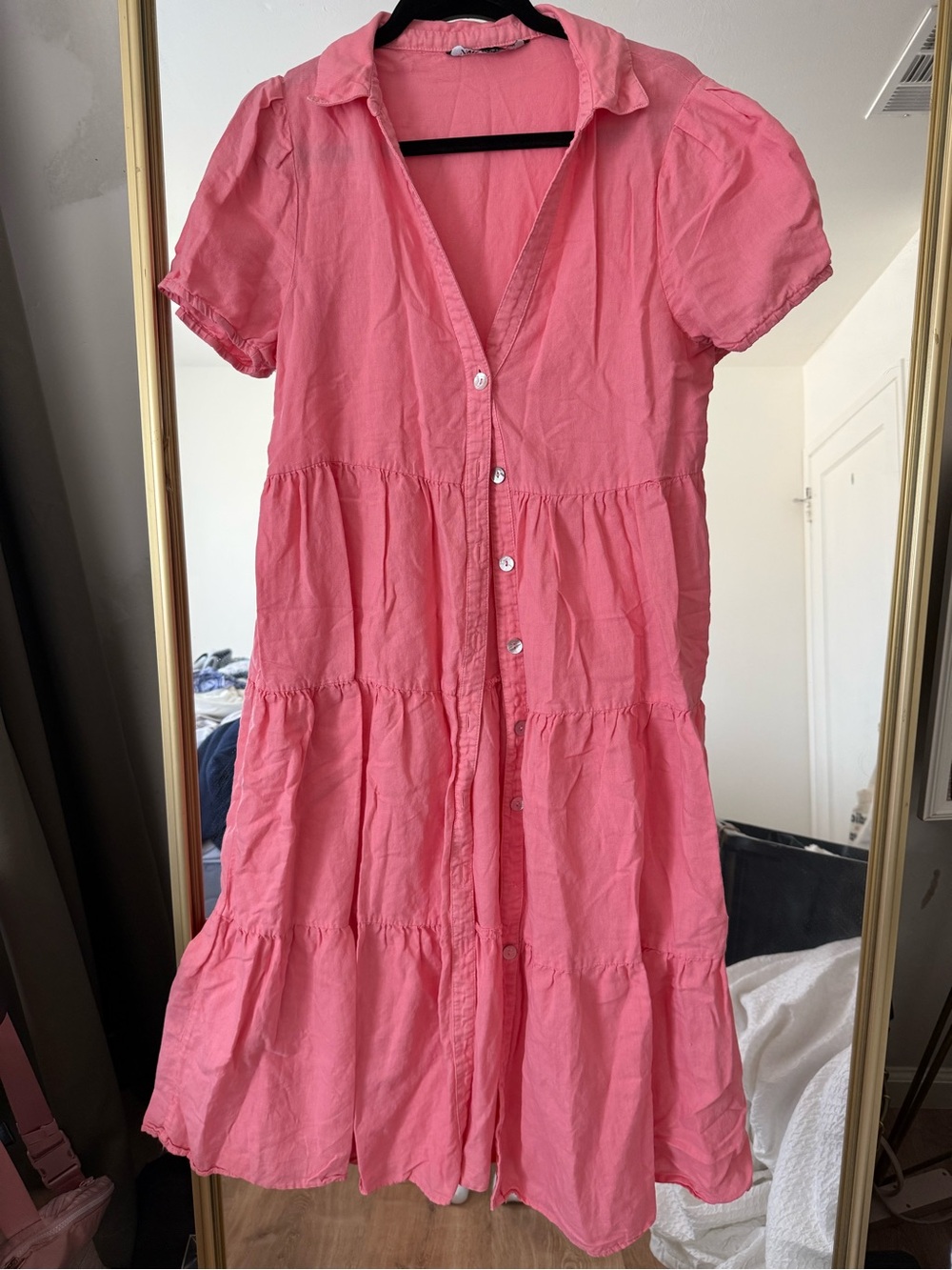 SOLD Zara Coral Pink Tiered Button-Front Dress